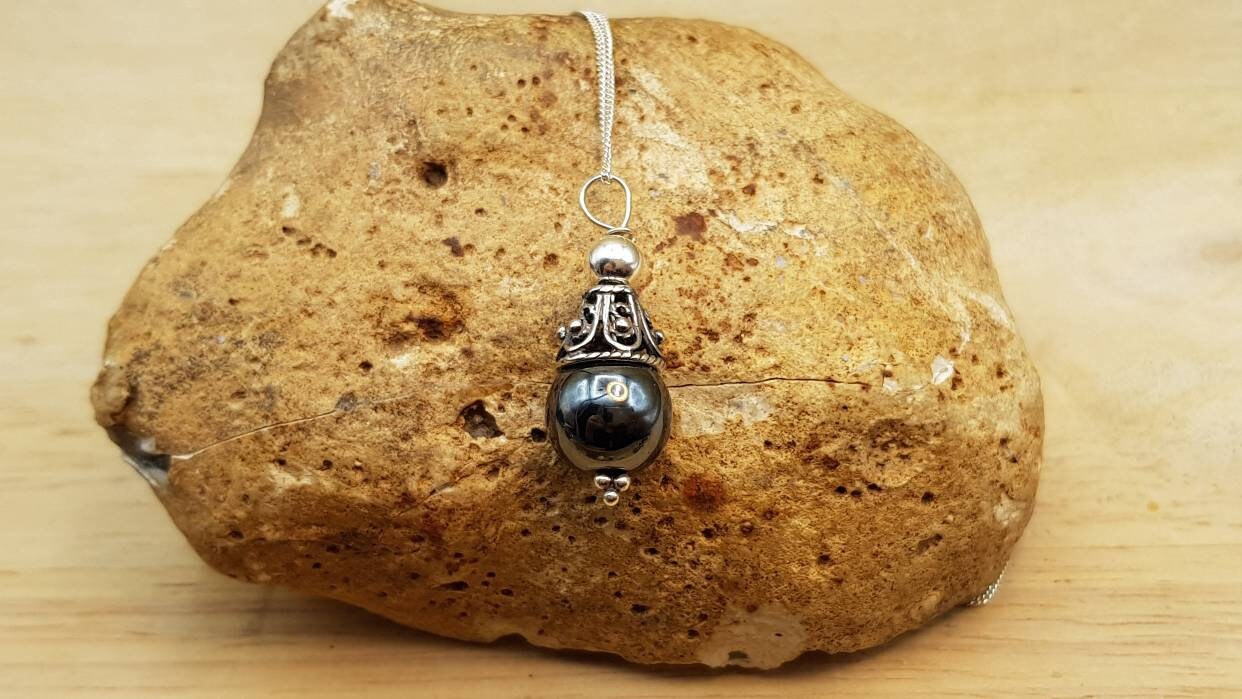 Minimalist Hematite Cone Pendant. Reiki Jewelry Uk. Grey Semi Precious Stone. 10mm Stone. Bali Silver Necklaces For Women.