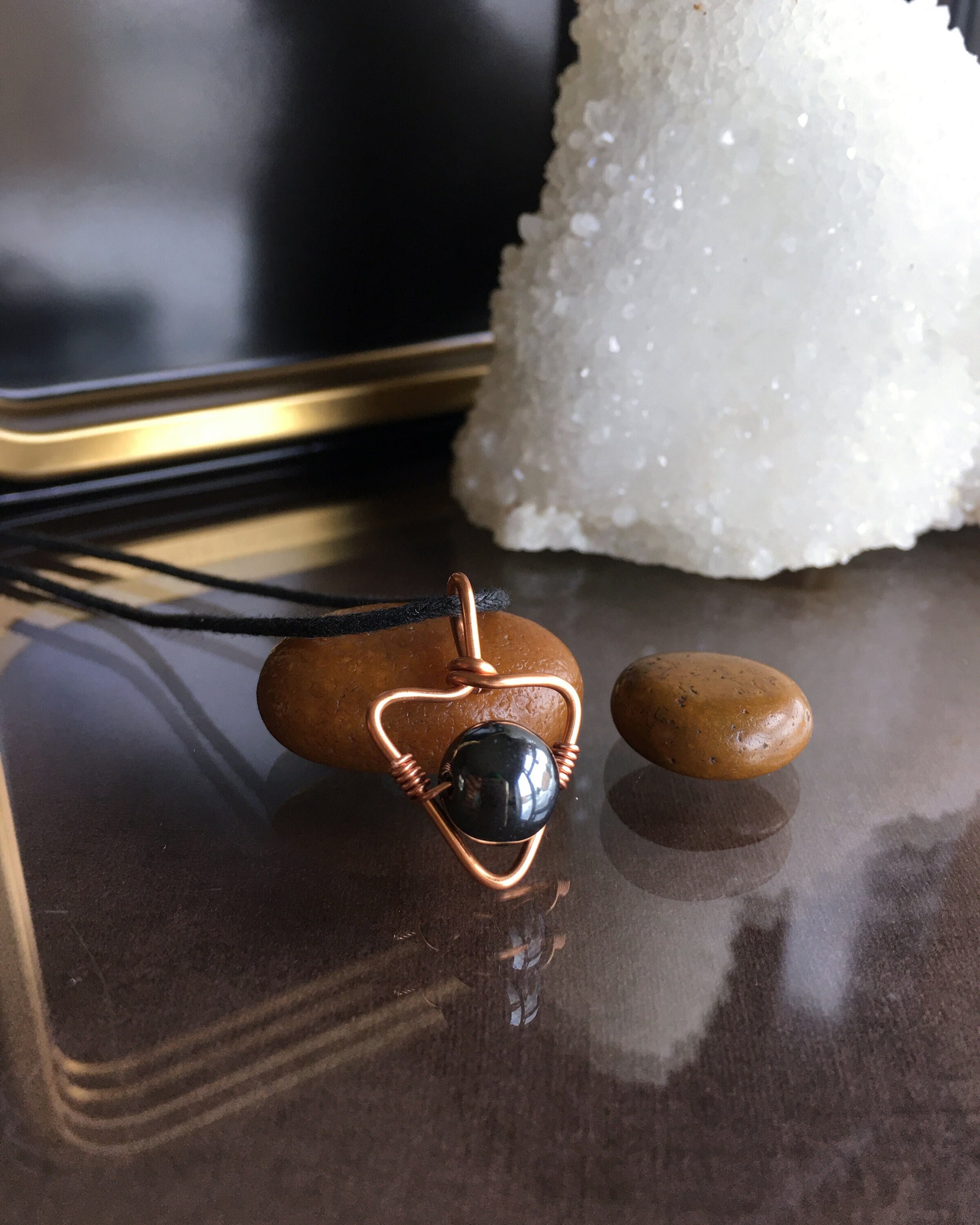 Minimalist Hematite Necklace, Copper Triangle Pendant