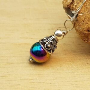 Minimalist rainbow Hematite cone pendant. Reiki jewelry uk. Grey semi precious stone. 10mm stone. Bali silver necklaces for women.