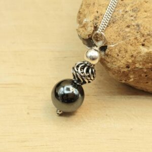 Minimalist Hematite sphere pendant. Reiki jewelry uk. Grey semi precious stone. 10mm stone. Bali silver necklaces for women.