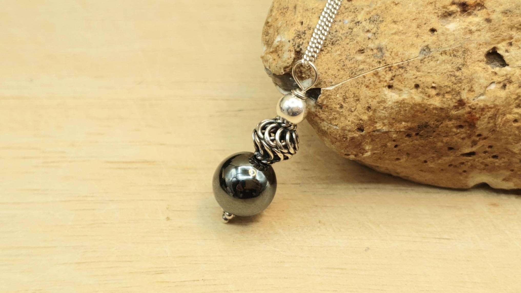 Minimalist Hematite Sphere Pendant. Reiki Jewelry Uk. Grey Semi Precious Stone. 10mm Stone. Bali Silver Necklaces For Women.