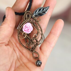 Pink Rose Wire Wrapped Pendant, Hematite Stone, Bronze Cord