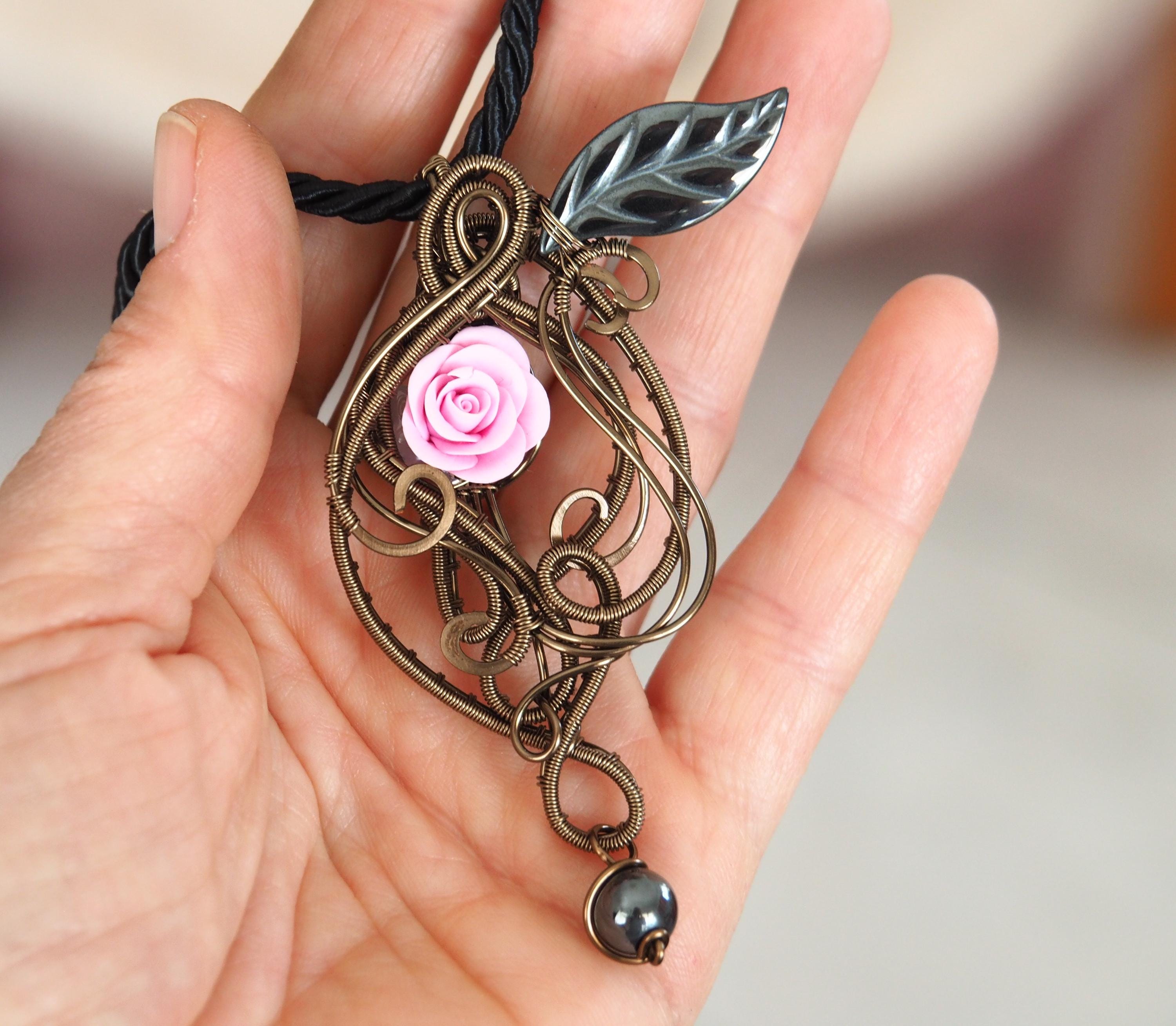 Pink Rose Wire Wrapped Pendant, Hematite Stone, Bronze Cord