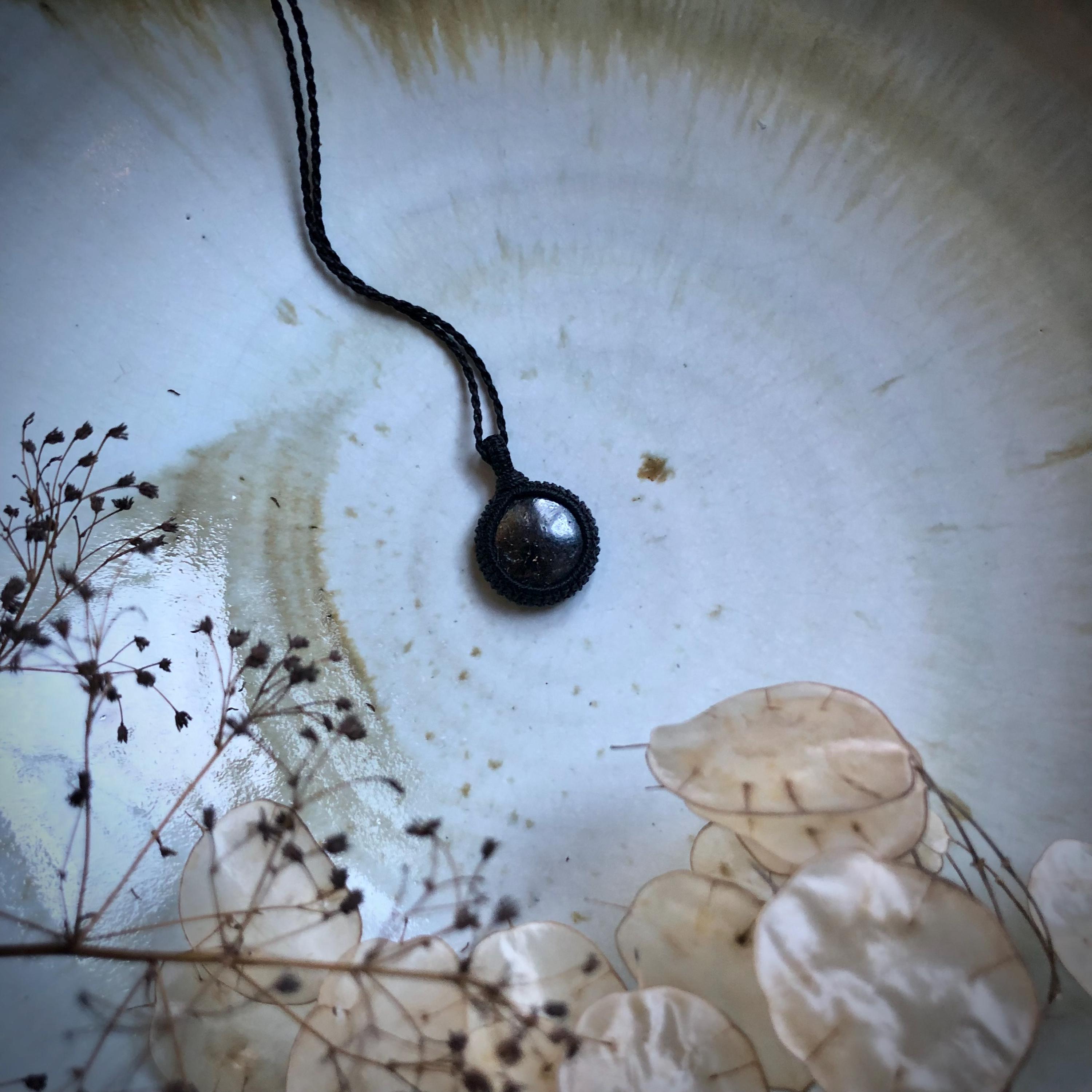 Round Little Hematite Gemstone From Italy Made Into A Pendant With Black Macramé Cord