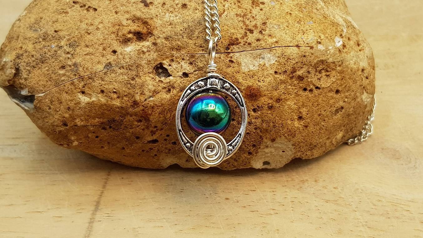 Small Rainbow Hematite Pendant. Reiki Jewelry. Minimalist Grey Oval Frame Wire Wrapped Pendant Uk. 10mm Stone. Empowered Crystals