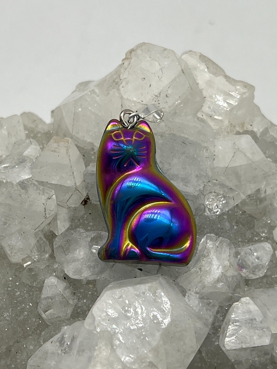Titanium Rainbow Hematite Cat Pendant