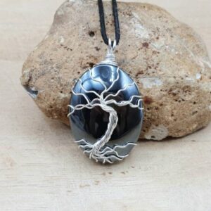Hematite tree of life pendant necklace. Reiki jewelry uk. Silver filled Wire wrapped pendant. 40x30mm grey stone
