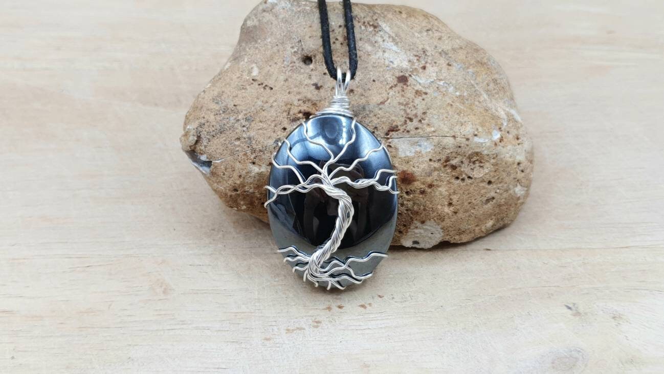Hematite Tree Of Life Pendant Necklace. Reiki Jewelry Uk. Silver Filled Wire Wrapped Pendant. 40x30mm Grey Stone Hematite Tree Of Life Pendant Necklace. Reiki Jewelry Uk. Silver Filled Wire Wrapped Pendant. 40x30mm Grey Stone