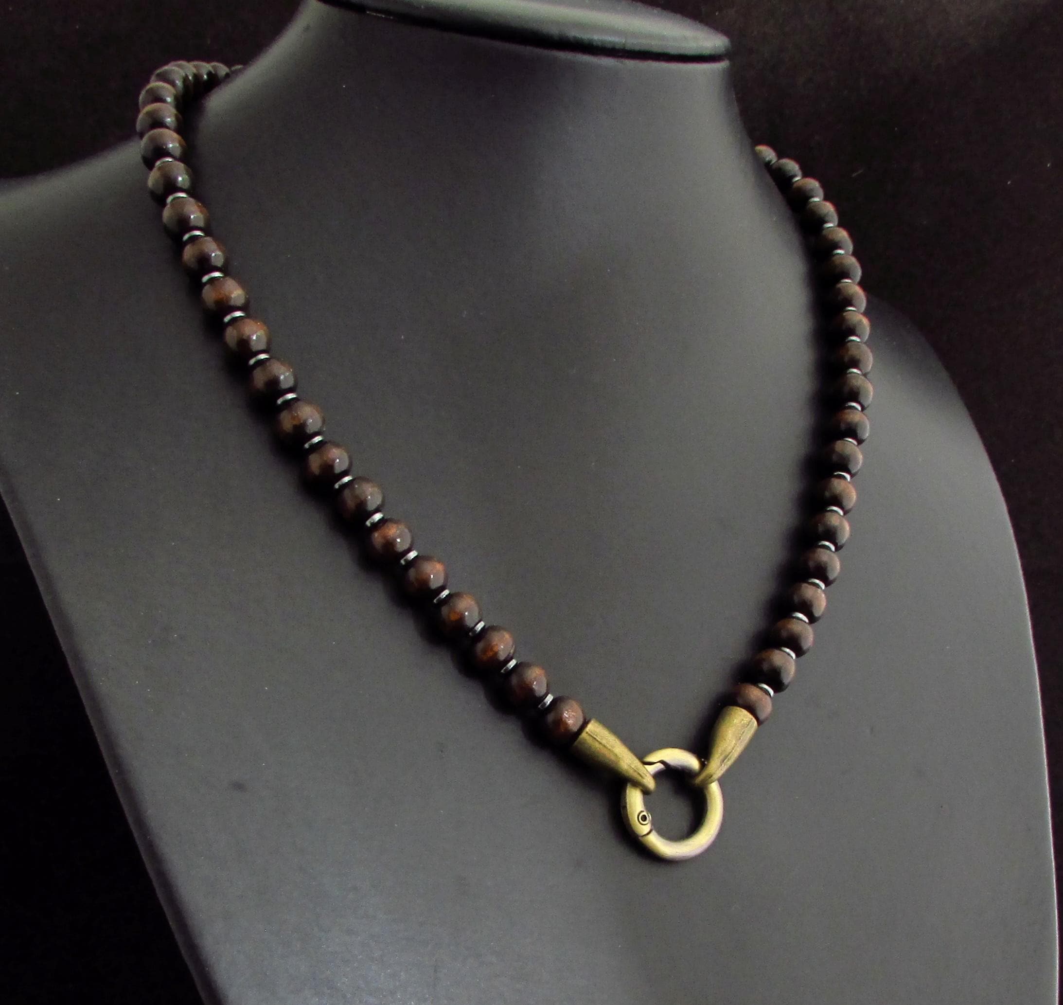Wood And Hematite Gemstone Mens 8mm Necklace, Add Pendant Mens Necklace, Mens Natural Gemstone Necklace, Men Beaded Necklace