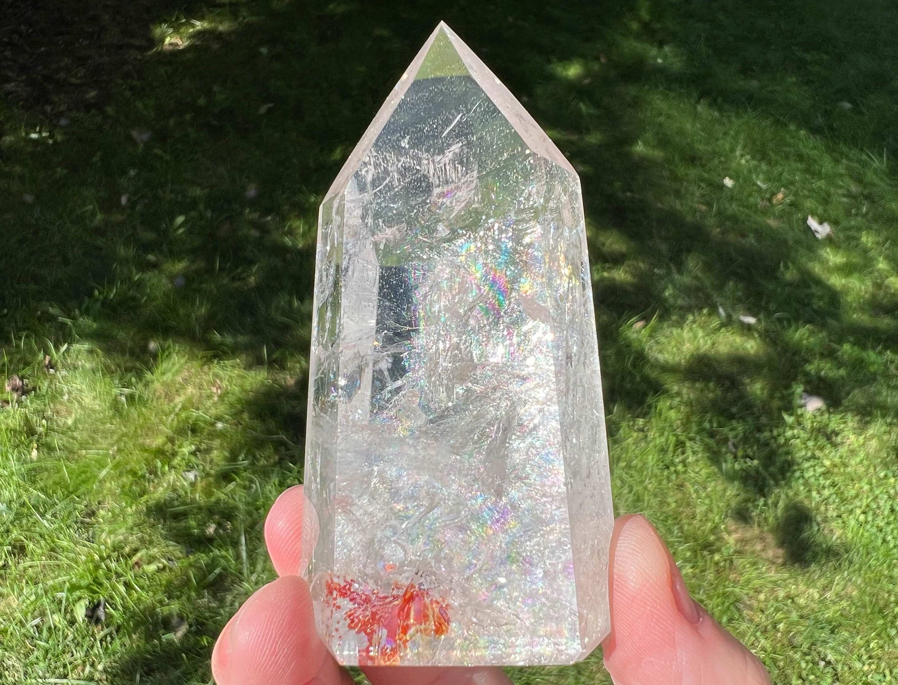 Rainbow Quartz Crystal Tower With Red Hematite, Clear Polished Crystal Point (3.3") #2