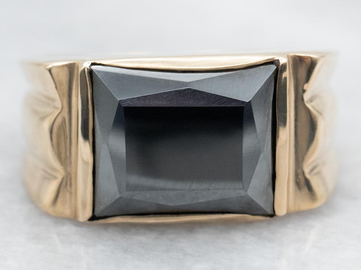 10k Yellow Gold Hematite Ring, Rectangular Solitaire