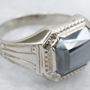 14k White Gold Hematite Ring, Emerald Cut, Retro Statement
