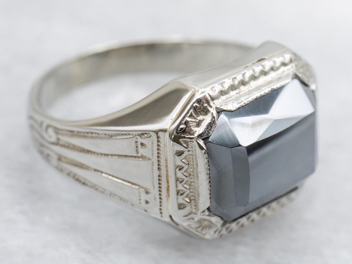 14k White Gold Hematite Ring, Emerald Cut, Retro Statement