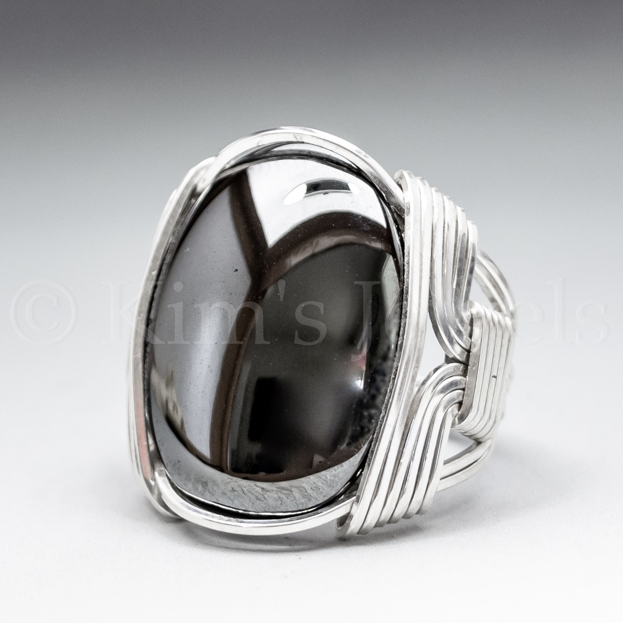 Hematite 18x25mm Cabochon Sterling Silver Wire Wrapped Ring - Made To Order