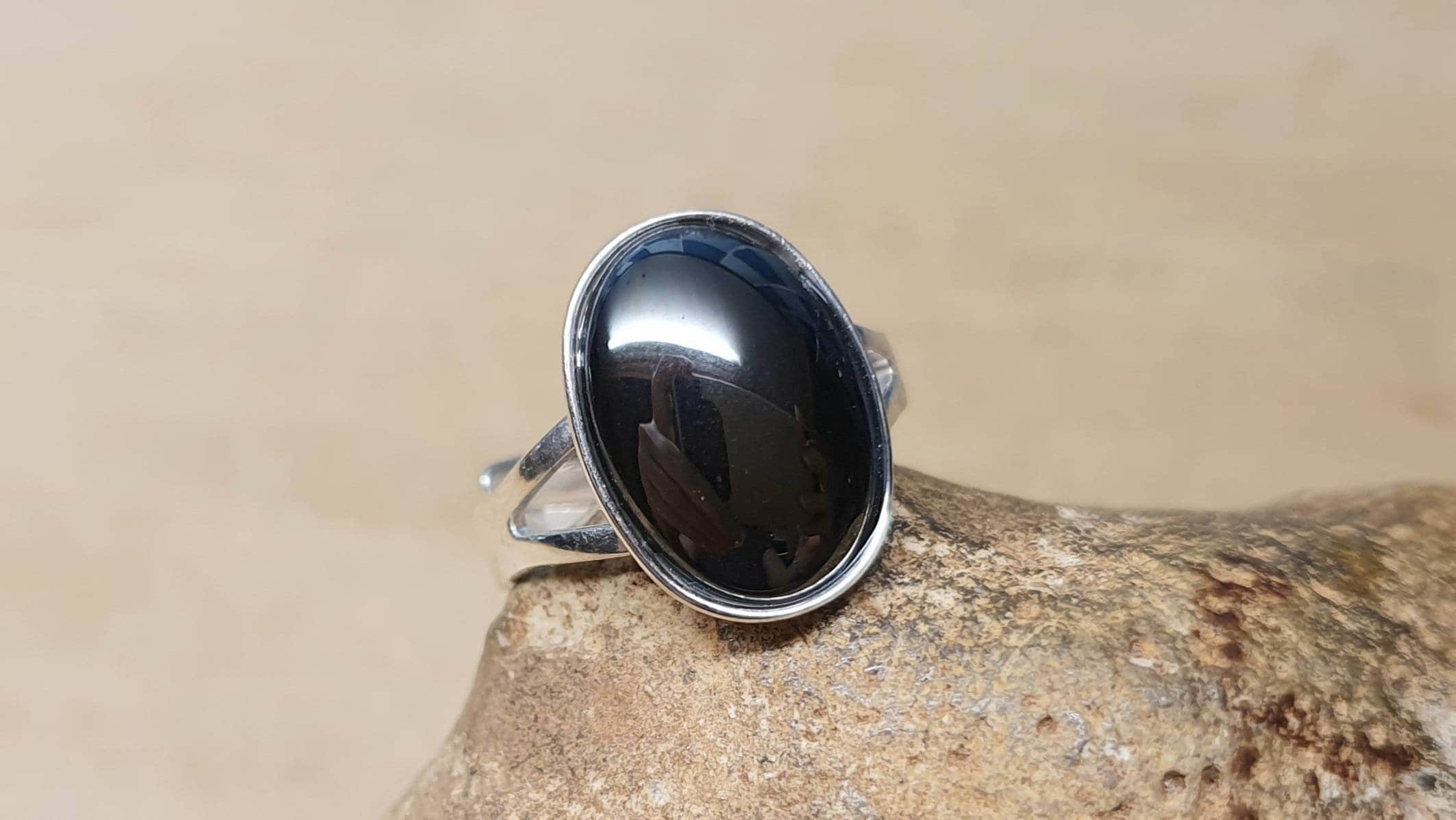 Hematite Ring. 925 Sterling Silver Rings For Women. Reiki Jewelry. Adjustable Ring Uk. Grey Semi Precious Stone. 14x10mm