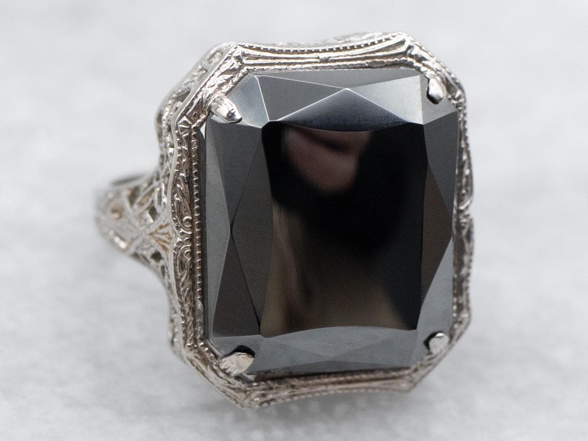 Art Deco 10k White Gold Hematite Ring, Size 2.25