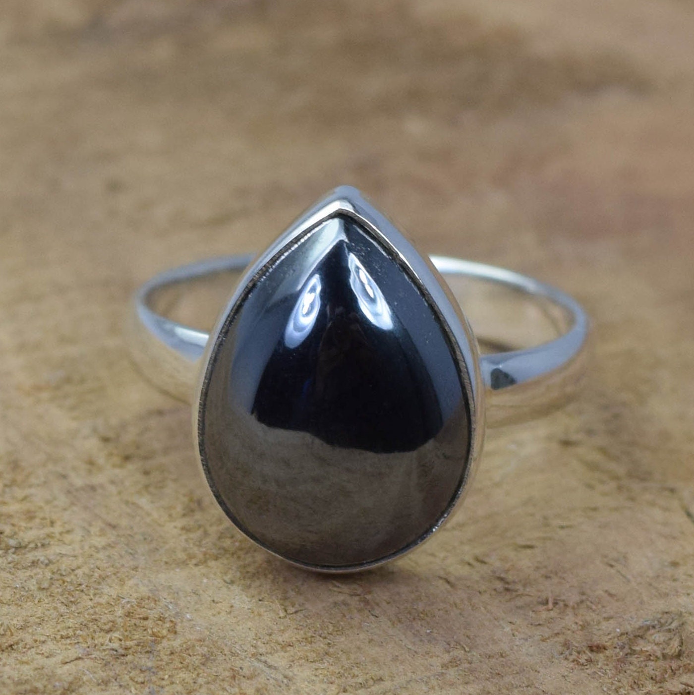 Handmade Pear Hematite 925 Sterling Silver Ring