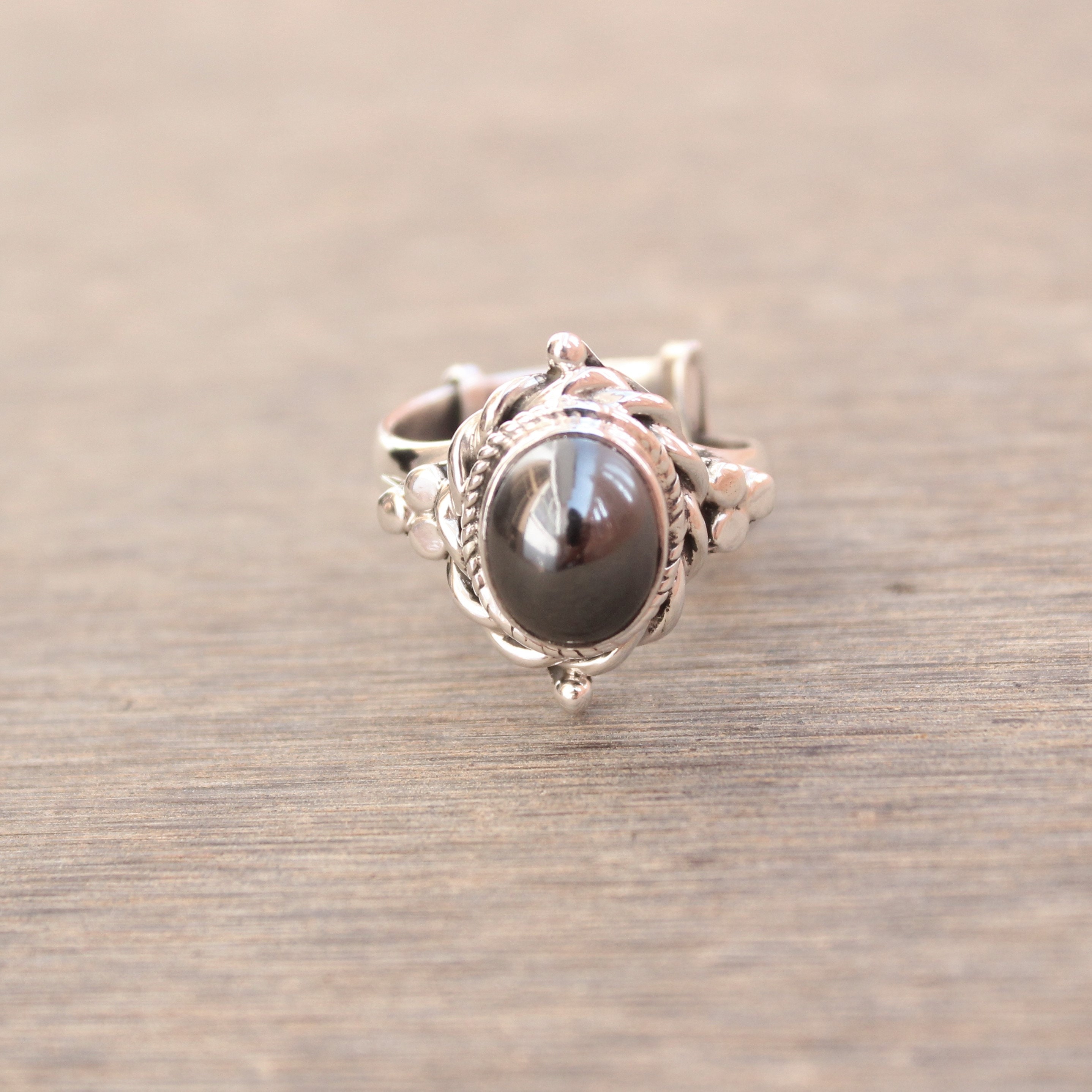 Handmade Hematite Sterling Silver Adjustable Ring, Size 4-10