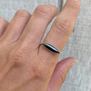 Horizontal Mini Oval Reflective Silver Hematite Sterling Silver Ring , Reflective Stone Ring , Made To Order , Stacking Ring , Gifts For Her