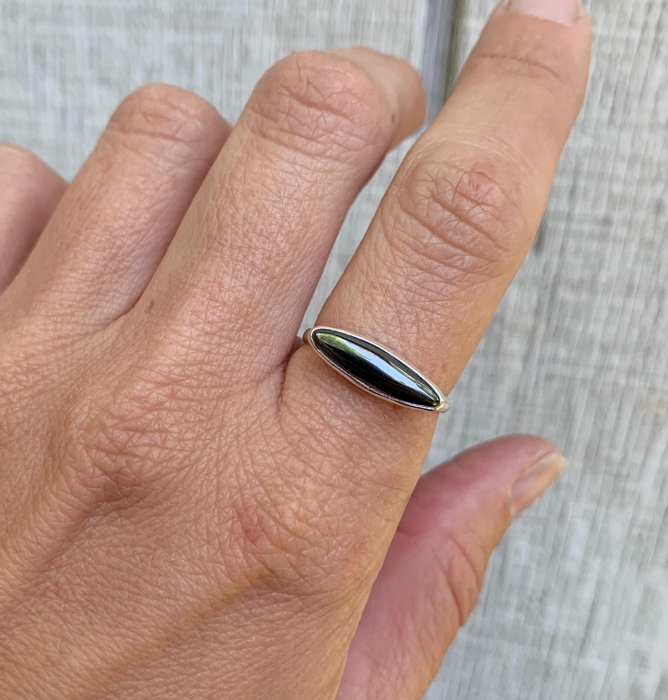 Horizontal Mini Oval Reflective Silver Hematite Sterling Silver Ring , Reflective Stone Ring , Made To Order , Stacking Ring , Gifts For Her