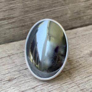 Large Oval Gray Reflective Hematite Sterling Silver Ring | Boho | Rocker | Edgy | Hematite Ring | Gifts for Her | Mirror Finish Stone Ring