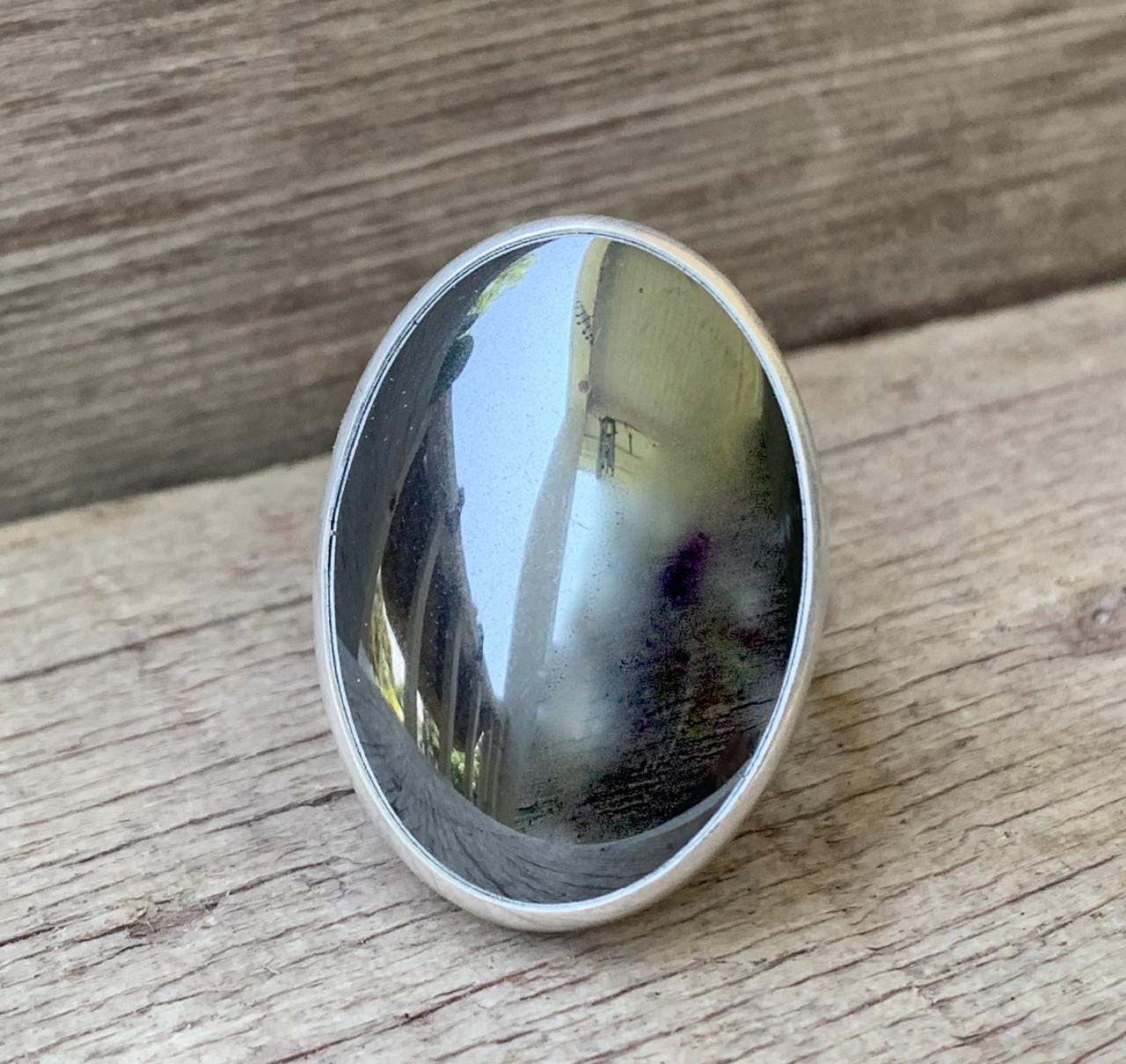 Large Oval Gray Reflective Hematite Sterling Silver Ring | Boho | Rocker | Edgy | Hematite Ring | Gifts For Her | Mirror Finish Stone Ring Large Oval Gray Reflective Hematite Sterling Silver Ring | Boho | Rocker | Edgy | Hematite Ring | Gifts For Her | Mirror Finish Stone Ring