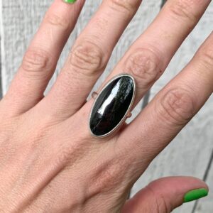 Large Oval Mirror Finish Gray Hematite Sterling Silver Statement Ring | Gray Stone Ring | Boho | Rocker | Gifts For Her | Reflective Stone
