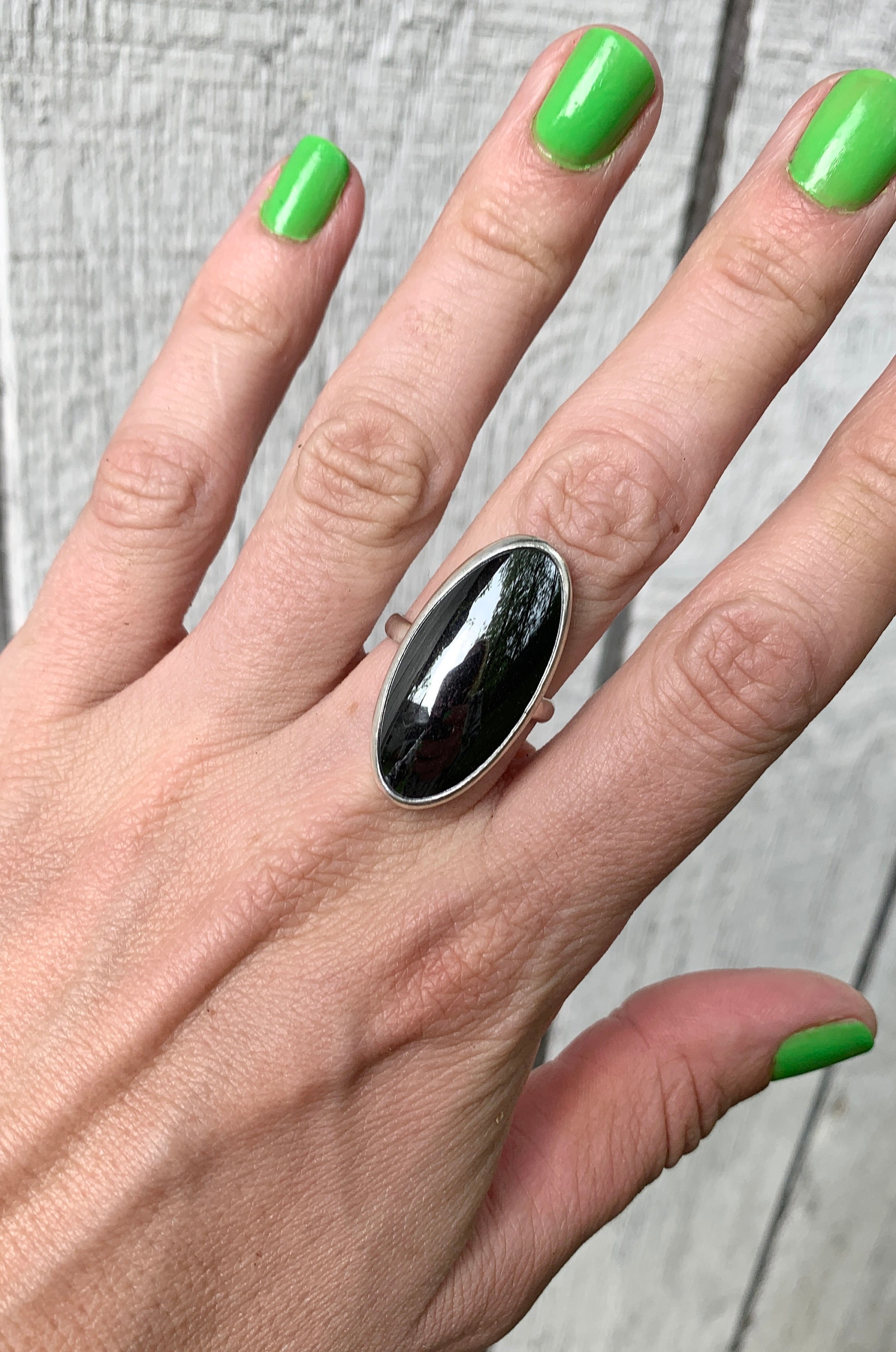 Large Oval Mirror Finish Gray Hematite Sterling Silver Statement Ring | Gray Stone Ring | Boho | Rocker | Gifts For Her | Reflective Stone