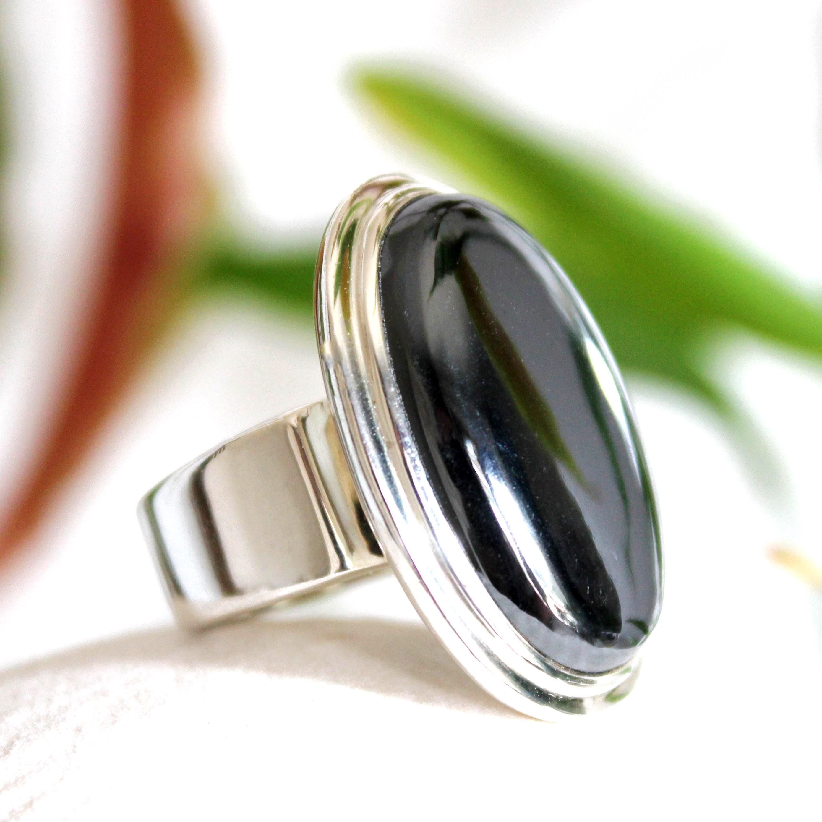 Hematite Ring, Natural Hematite Stone, 925 Silver, Size 9 - 9.5