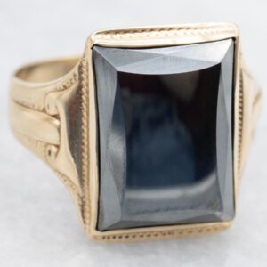 Retro 10k Gold Hematite Statement Ring, Rectangular Faceted Gem