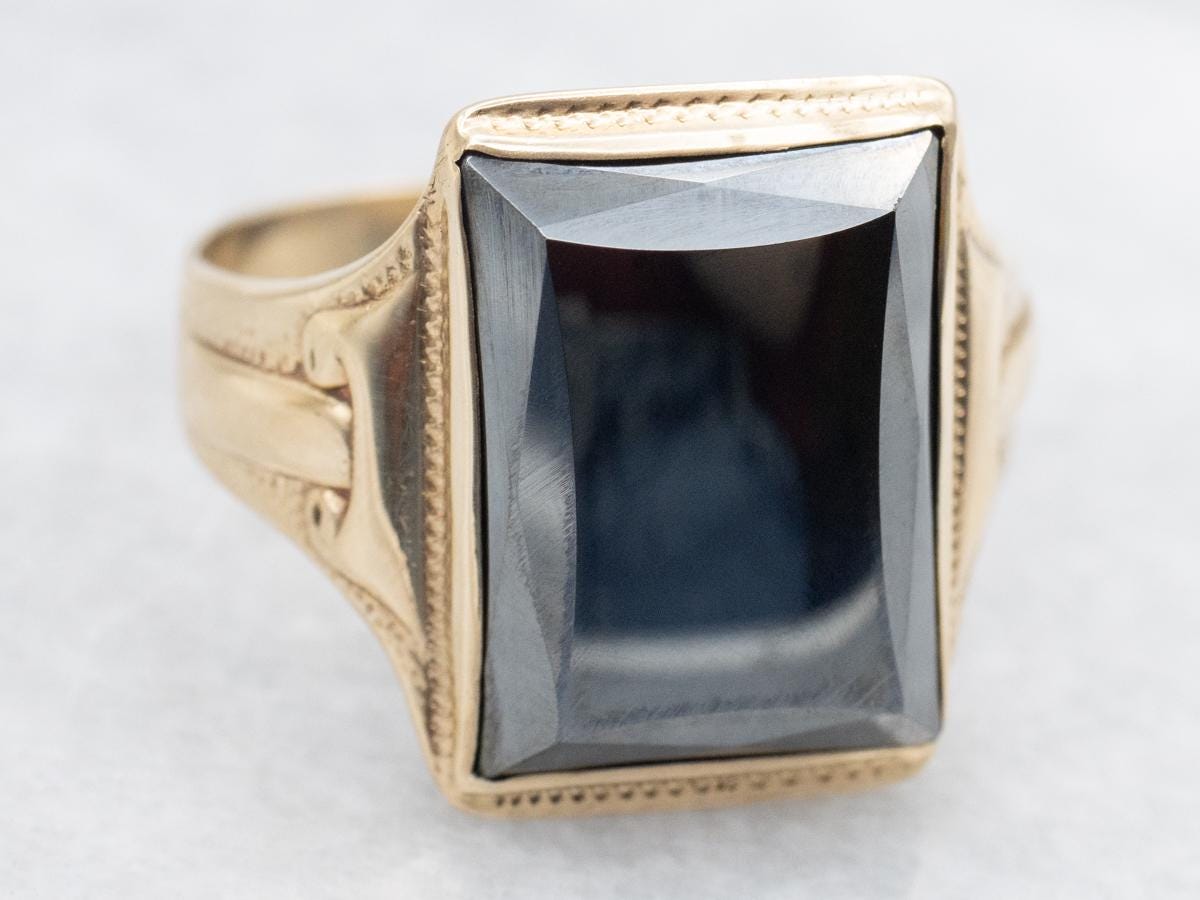 Retro 10k Gold Hematite Statement Ring, Rectangular Faceted Gem