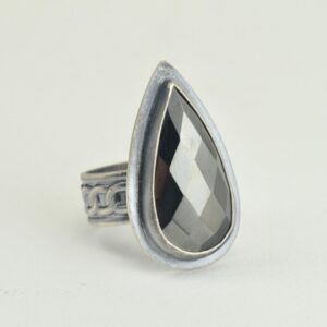 rose cut hematite teardrop ring in sterling silver size 8.5