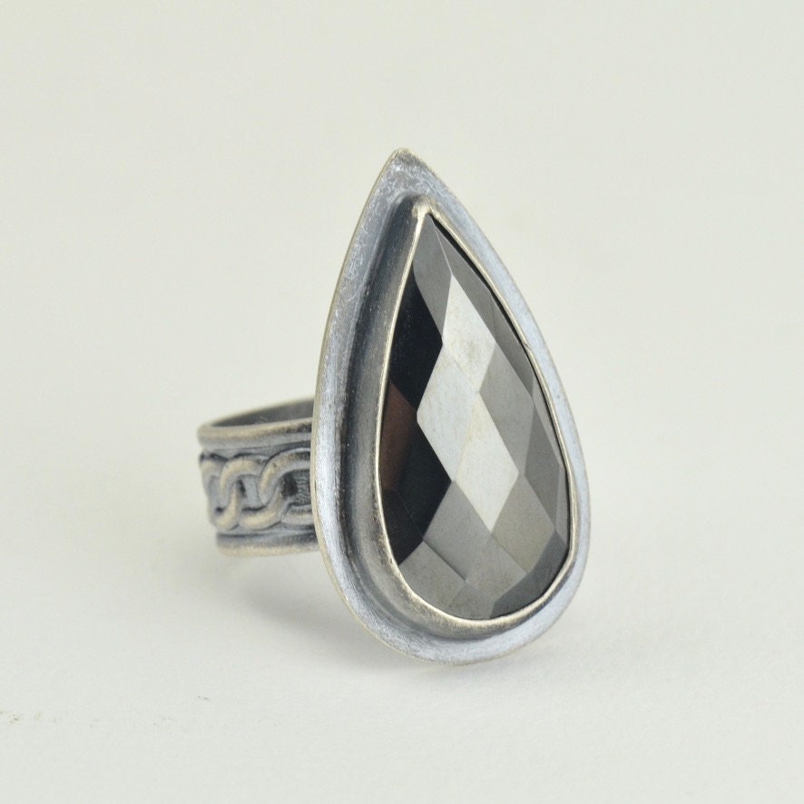 Rose Cut Hematite Teardrop Ring In Sterling Silver Size 8.5