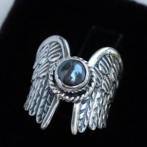 Sterling Silver Angel Wings Ring: Hematite Gemstone, Engraving Available