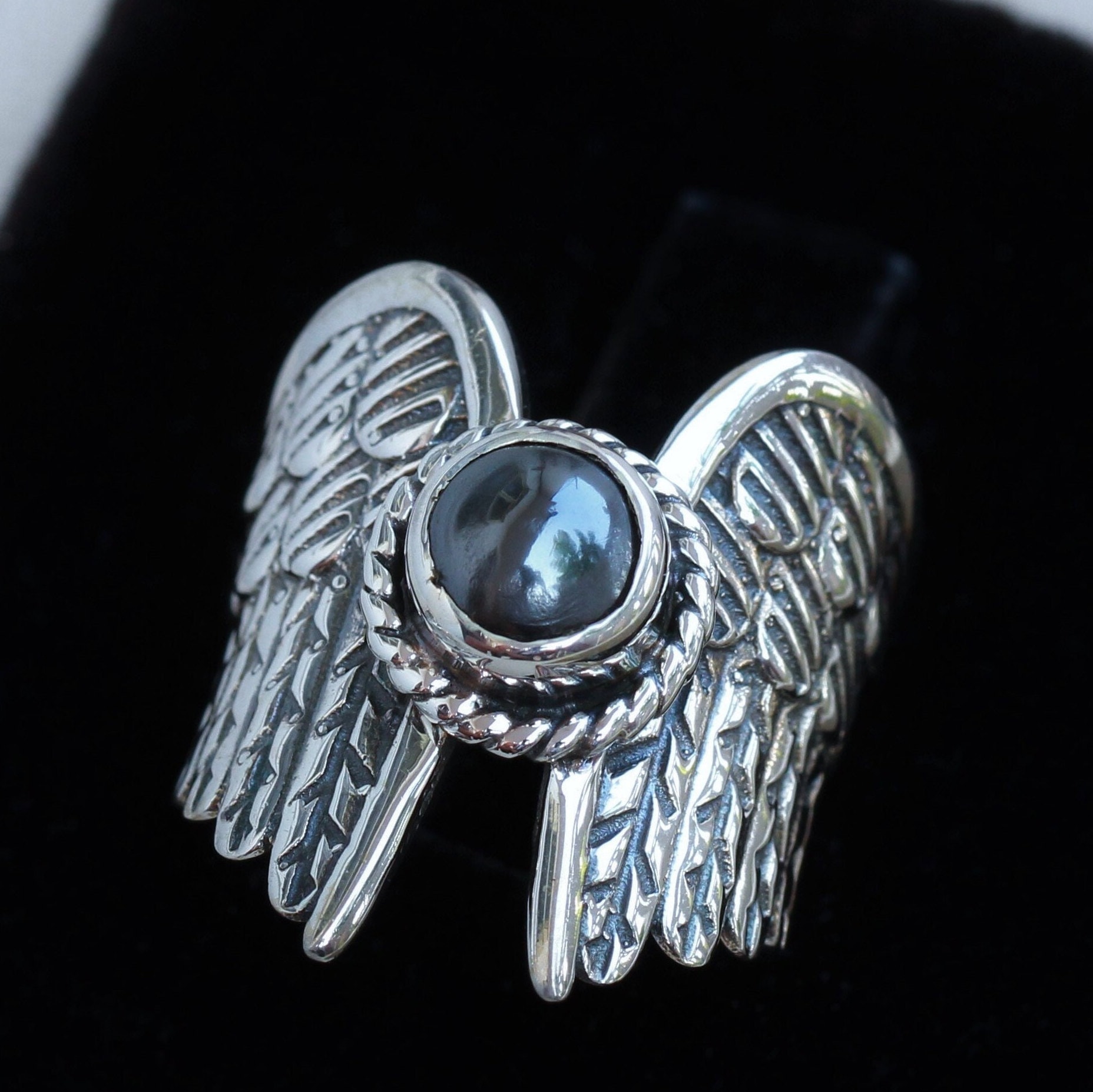 Sterling Silver Angel Wings Ring: Hematite Gemstone, Engraving Available