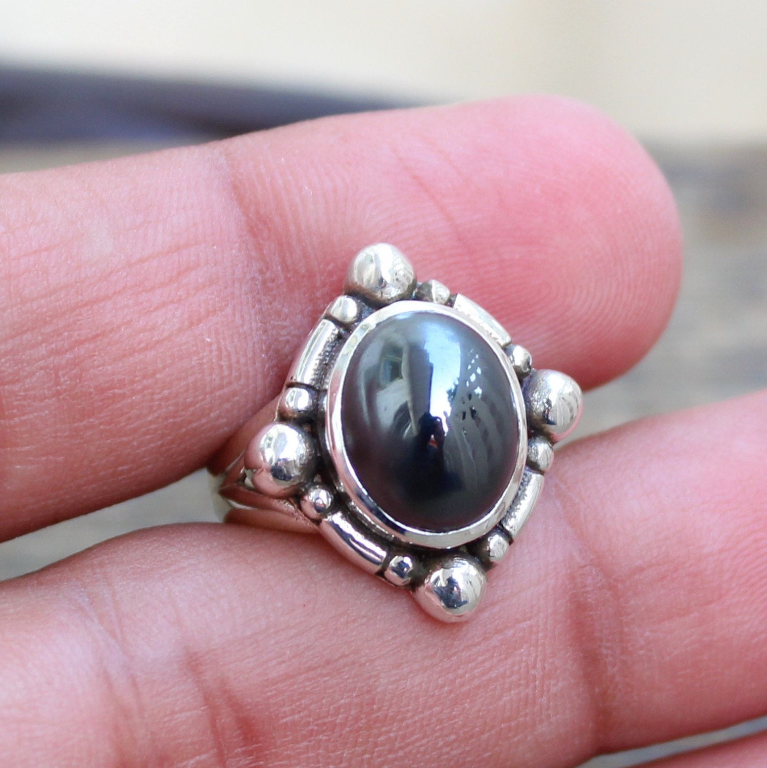 Hematite Sterling Silver Ring: Oval Gemstone Statement Jewelry