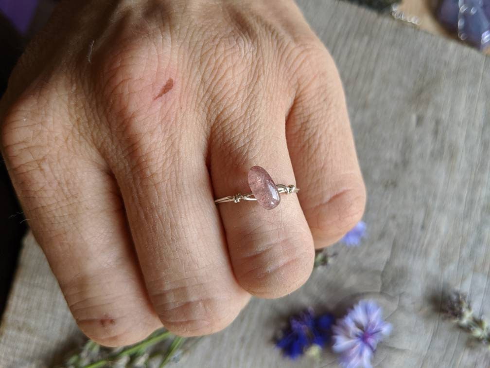 Strawberry Quartz Ring, Made To Order, Dainty Strawberry Quartz Ring, Hematite Inclusion Quartz Ring, Bronze Or Sterling Silver Wire Wrap