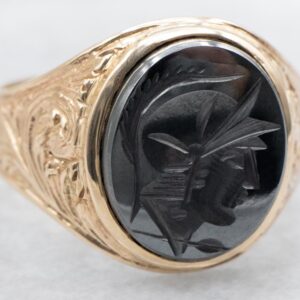 Vintage 10k Gold Hematite Intaglio Ring, Ornate Unisex Signet