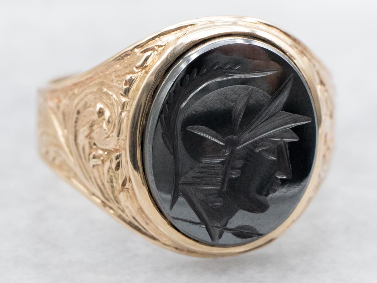 Vintage 10k Gold Hematite Intaglio Ring, Ornate Unisex Signet
