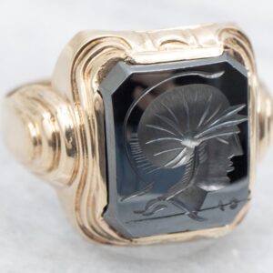 Vintage 10k Yellow Gold Hematite Intaglio Ring, Roman Soldier