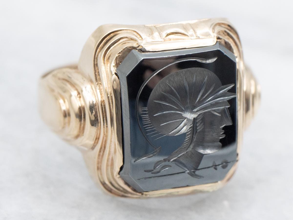 Vintage 10k Yellow Gold Hematite Intaglio Ring, Roman Soldier