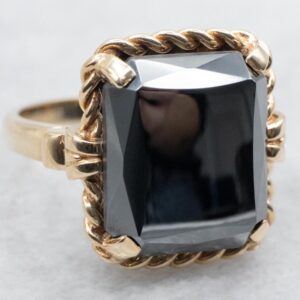 Vintage 10k Yellow Gold Hematite Ring, Faceted Rectangle