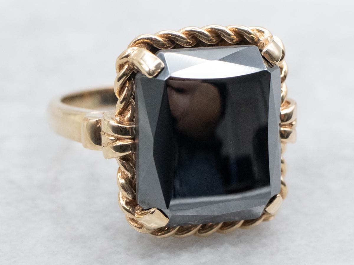 Vintage 10k Yellow Gold Hematite Ring, Faceted Rectangle