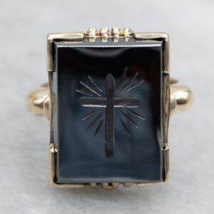 Vintage Gold Hematite Intaglio Cross Retro Era Ring