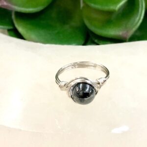 Hematite Wire-Wrapped Ring - Dainty Hematite Ring - Root Chakra Jewelry - Meditation Ring  - Gemstone Ring - Dainty Stone Ring