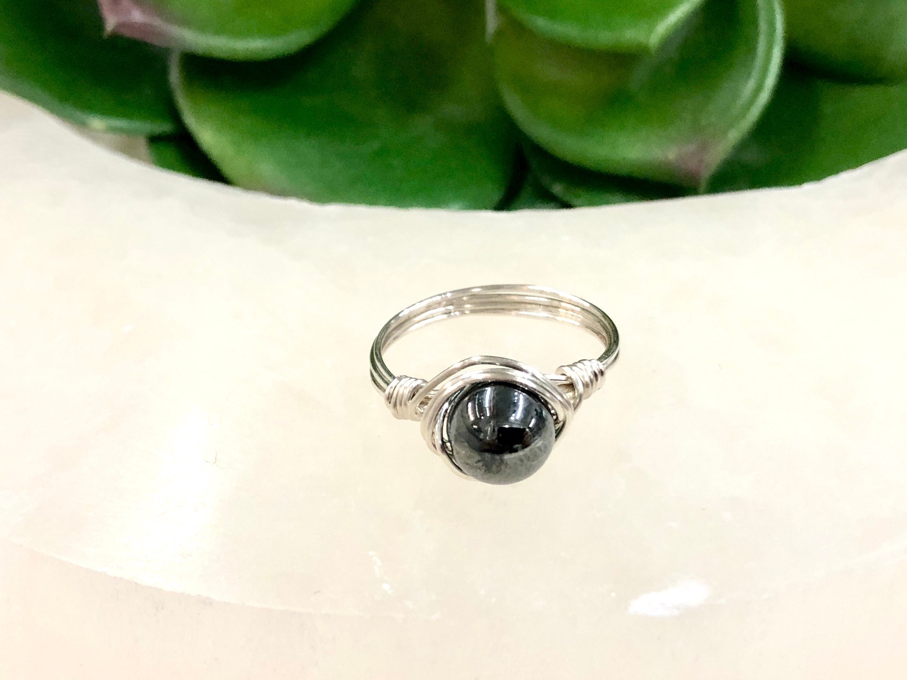 Hematite Wire-wrapped Ring - Dainty Hematite Ring - Root Chakra Jewelry - Meditation Ring - Gemstone Ring - Dainty Stone Ring