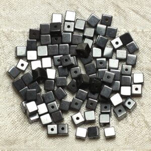 30pc - Perles Pierre Hematite Cubes 4mm Metal Gris Noir Argent - 7427039737647