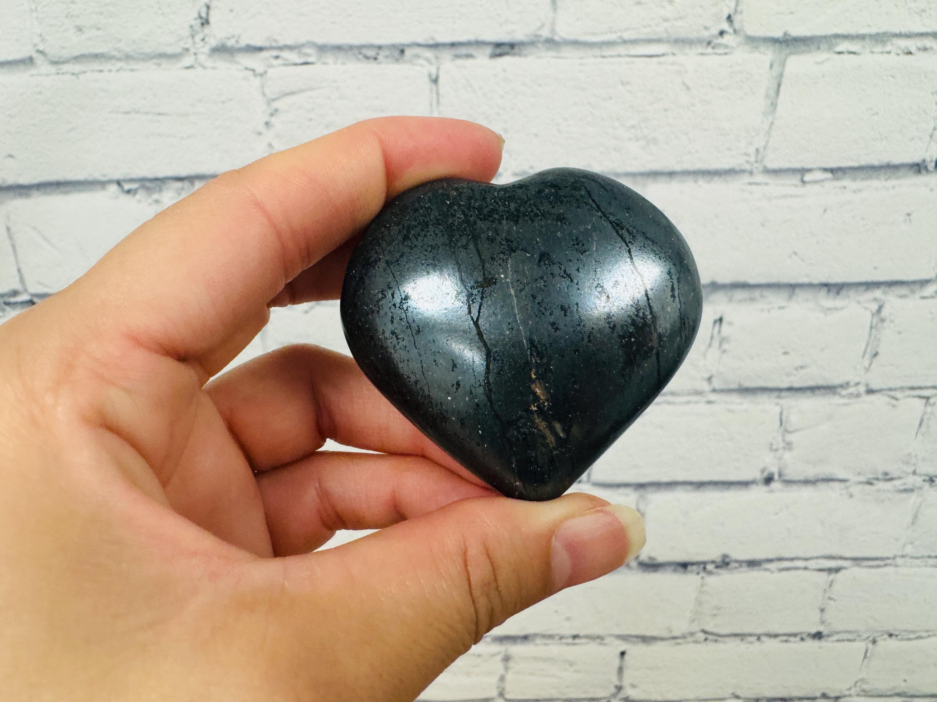 Hematite Crystal Heart Shape Massage Stone, Root Chakra Healing Pocket Stone