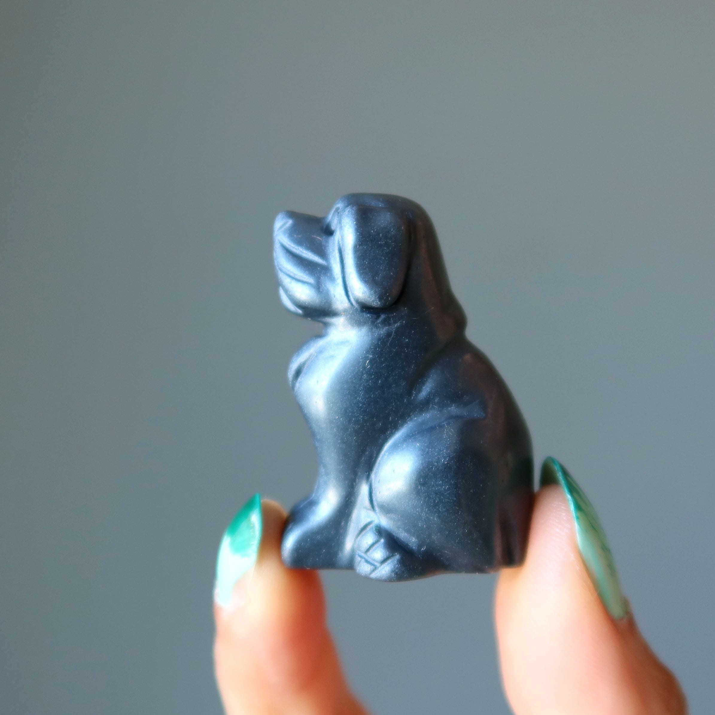 Hematite Dog Silver Puppy Happy Protector Crystal Animal Figurine Stone