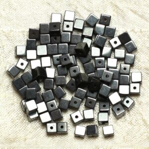 Fil 39cm 95pc Environ - Perles Pierre Hematite Cubes 4mm Metal Gris Noir Argent